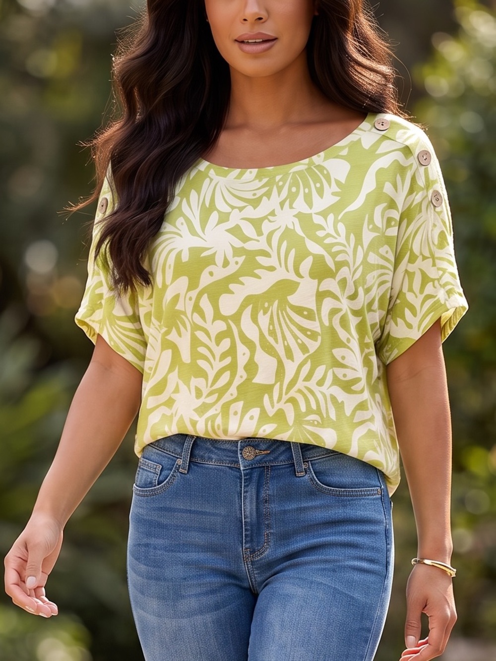 Rachel Zoe Green and Cream Botanical Print Tunic